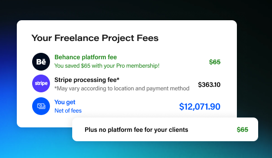 An interface showing how there are no platform fees with Behance Pro, for both you and your client